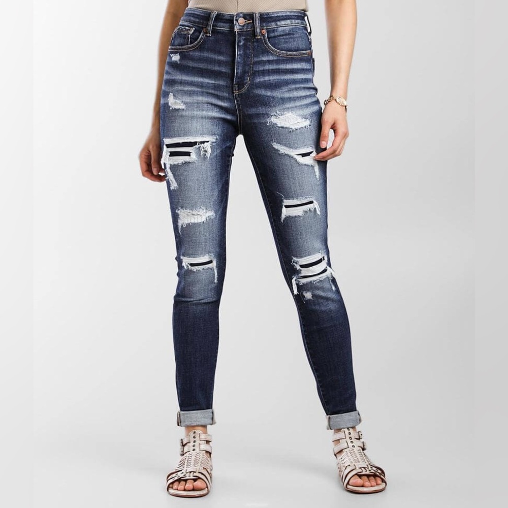 Distressed High-Rise Skinny Jeans - Dark Blue